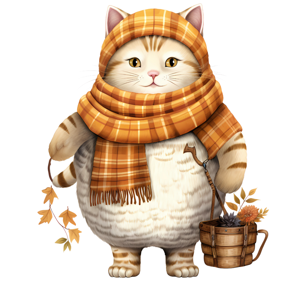 AI Generative Cute chubby cat wear scarf in autumn theme in basket watercolor illustration png