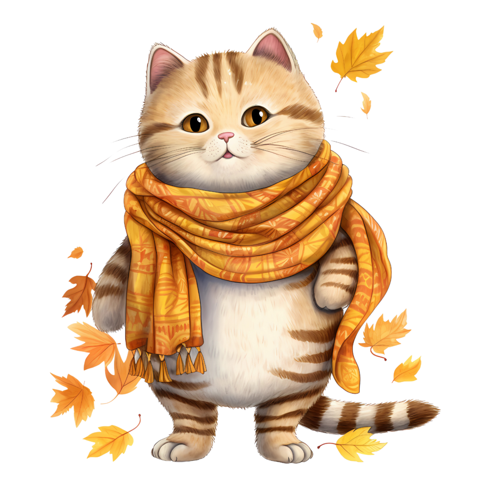 ai generatief schattig mollig kat slijtage sjaal in herfst thema in mand waterverf illustratie png