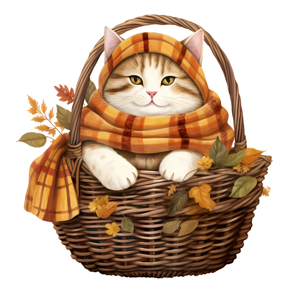 ai generativ süß mollig Katze tragen Schal im Herbst Thema im Korb Aquarell Illustration png