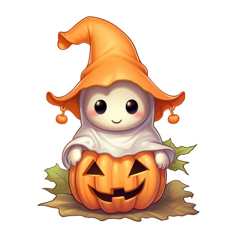 AI Generative halloween cartoon cute smiling little witch in a pumpkin costume with a witch hat. vector cartoon character with pumpkin ghost png