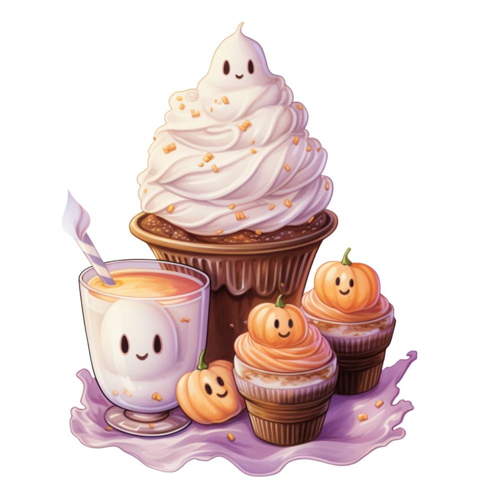 AI Generative cute watercolor halloween pumpkin with cupcake, illustration vector png