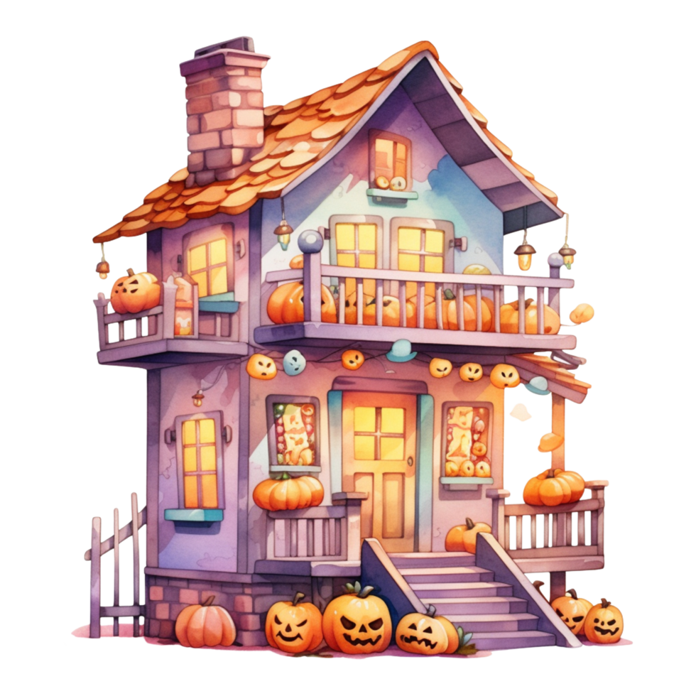 ai generativ vattenfärg besatt hus halloween på transparent bakgrund png