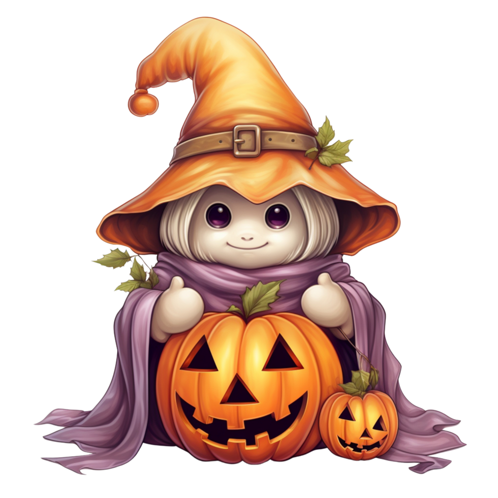 ai generativo Halloween cartone animato carino sorridente poco strega nel un' zucca costume con un' strega cappello. vettore cartone animato personaggio con zucca fantasma png