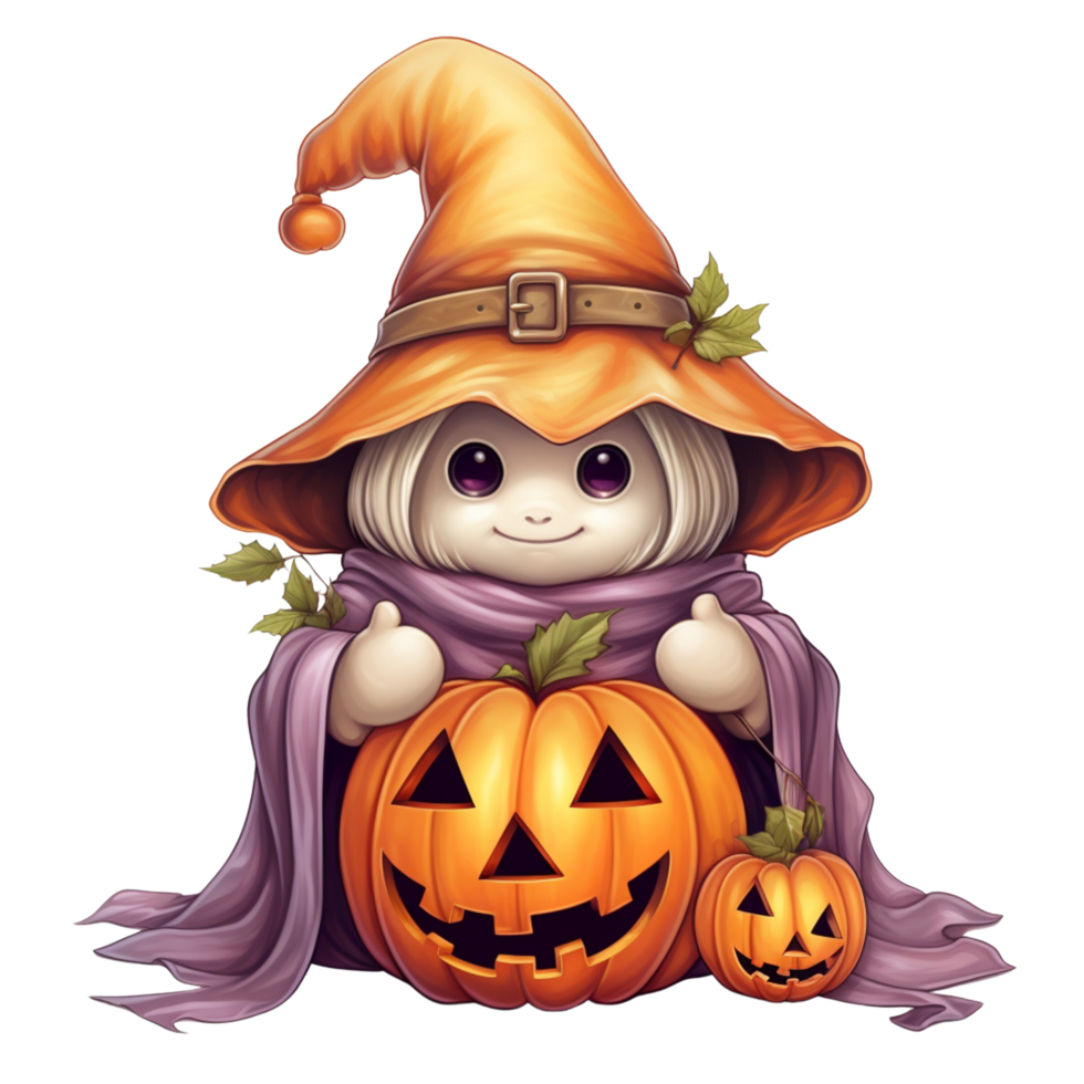 ai generativo Halloween cartone animato carino sorridente poco strega nel un' zucca costume con un' strega cappello. vettore cartone animato personaggio con zucca fantasma png