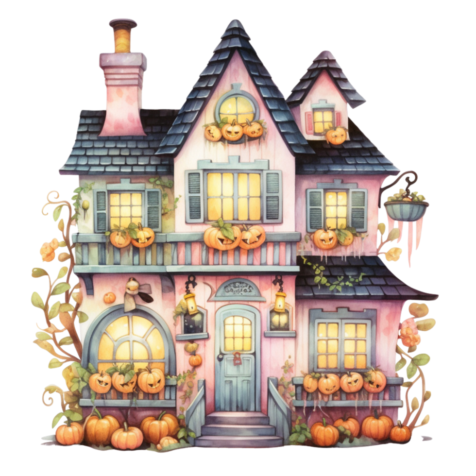 ai generativo acquerello frequentato Casa Halloween su trasparente sfondo png