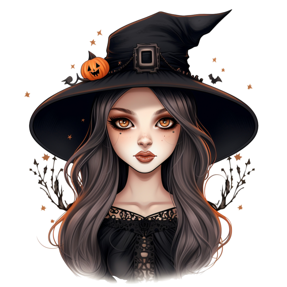 AI Generative witch girl black dress Halloween watercolor png