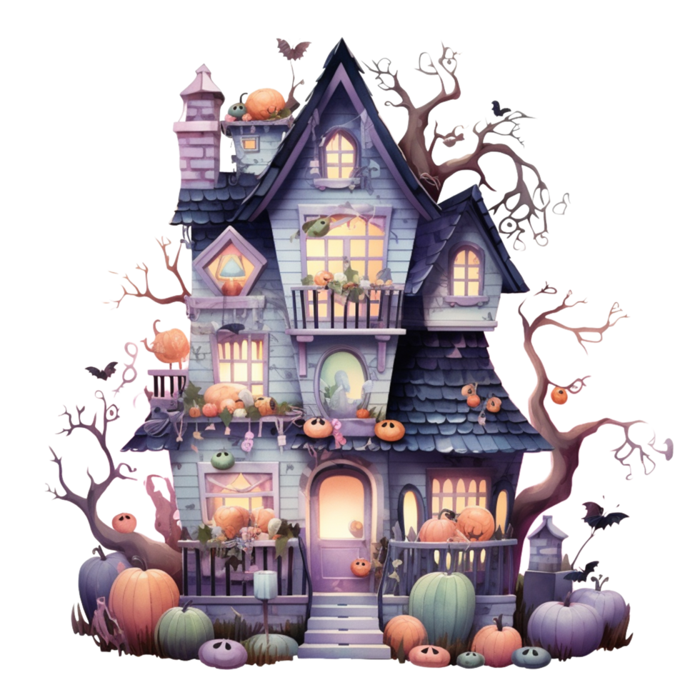 AI Generative Watercolor haunted house Halloween on transparent background png