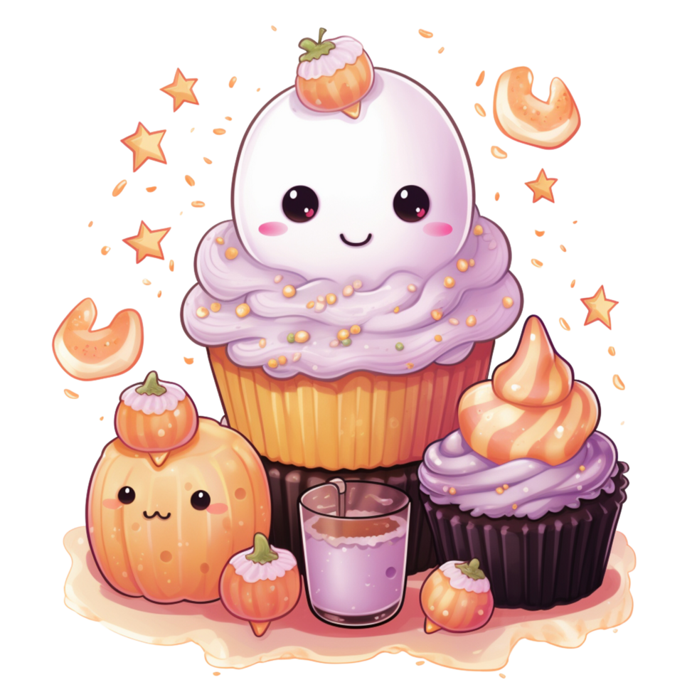 AI Generative cute watercolor halloween pumpkin with cupcake, illustration vector png