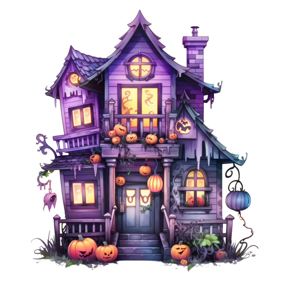 AI Generative Watercolor haunted house Halloween on transparent background png