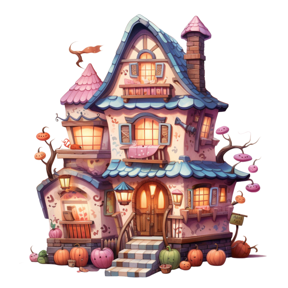 AI Generative Watercolor haunted house Halloween on transparent background png