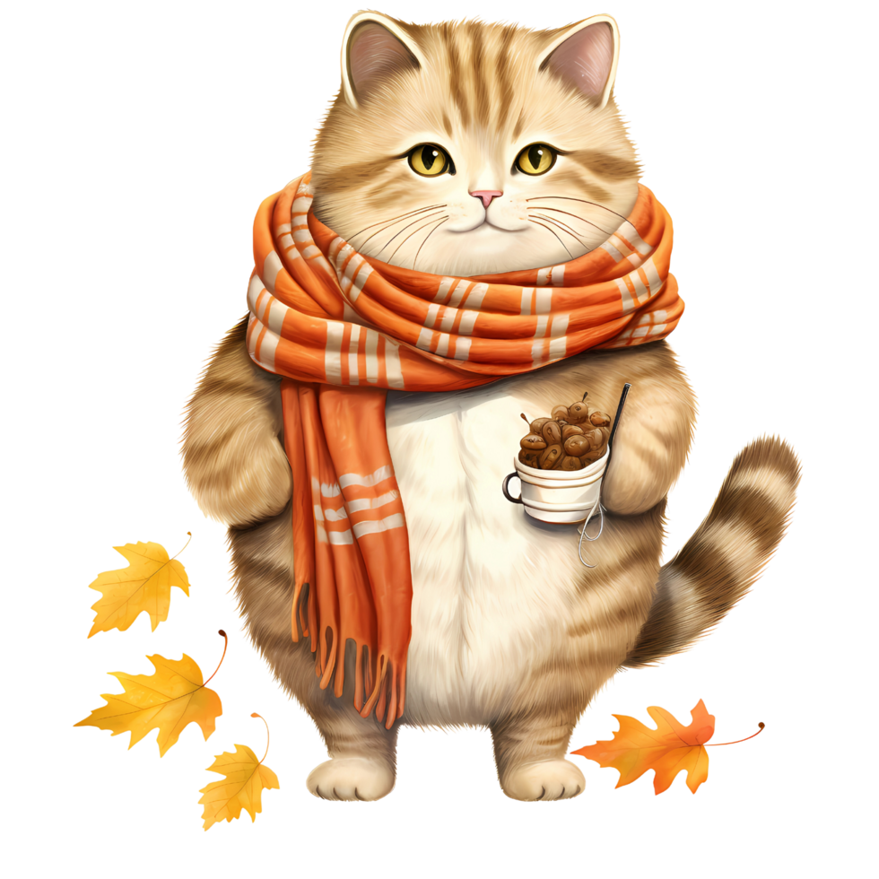 AI Generative Cute chubby cat wear scarf in autumn theme in basket watercolor illustration png