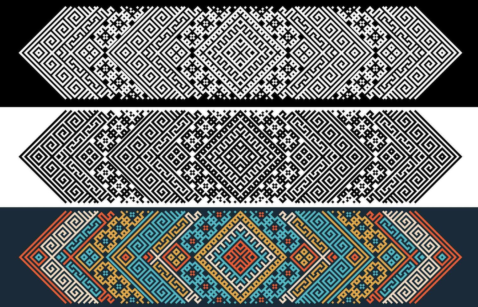 Set with ornamental Gerdan in ethno style Slavic, African folk symbols. Monochrome and multicolored vector image