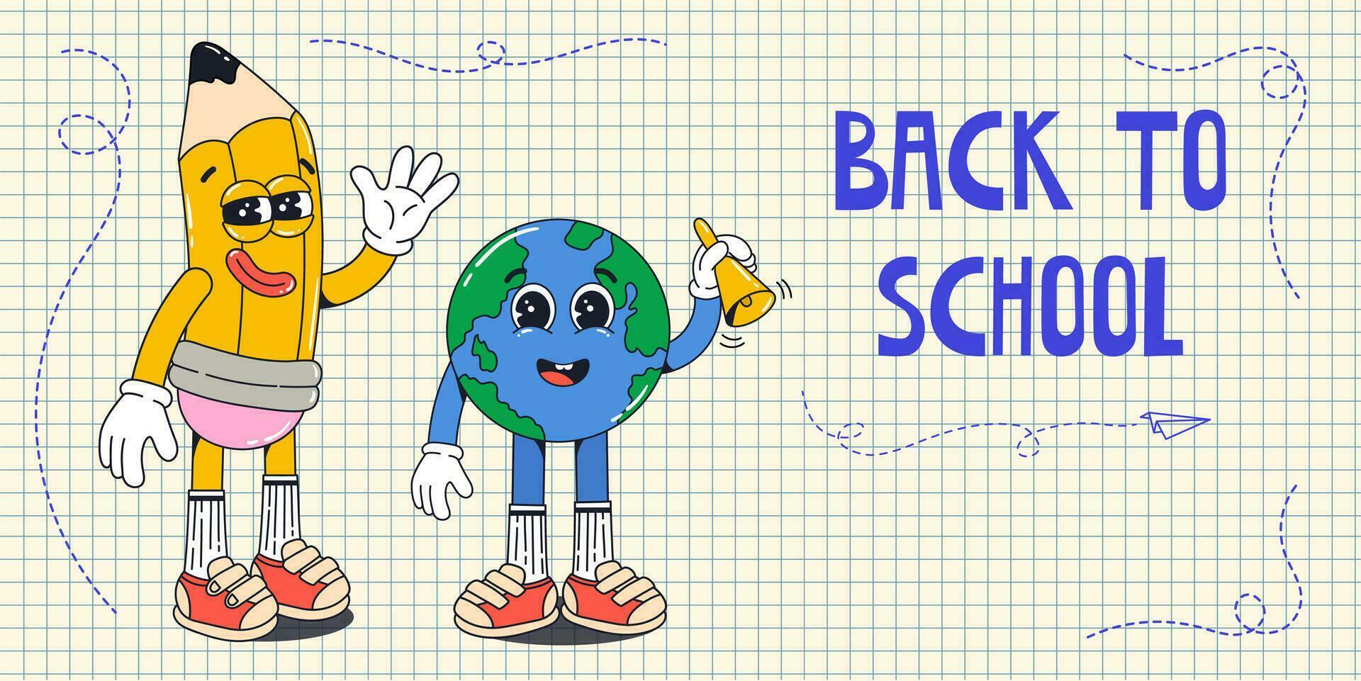 Banner with school supplies groovy characters in gloves with quotes Back to school in flat retro classic cartoon style of 60s 70s. Globe with ringing bell and pencil vector