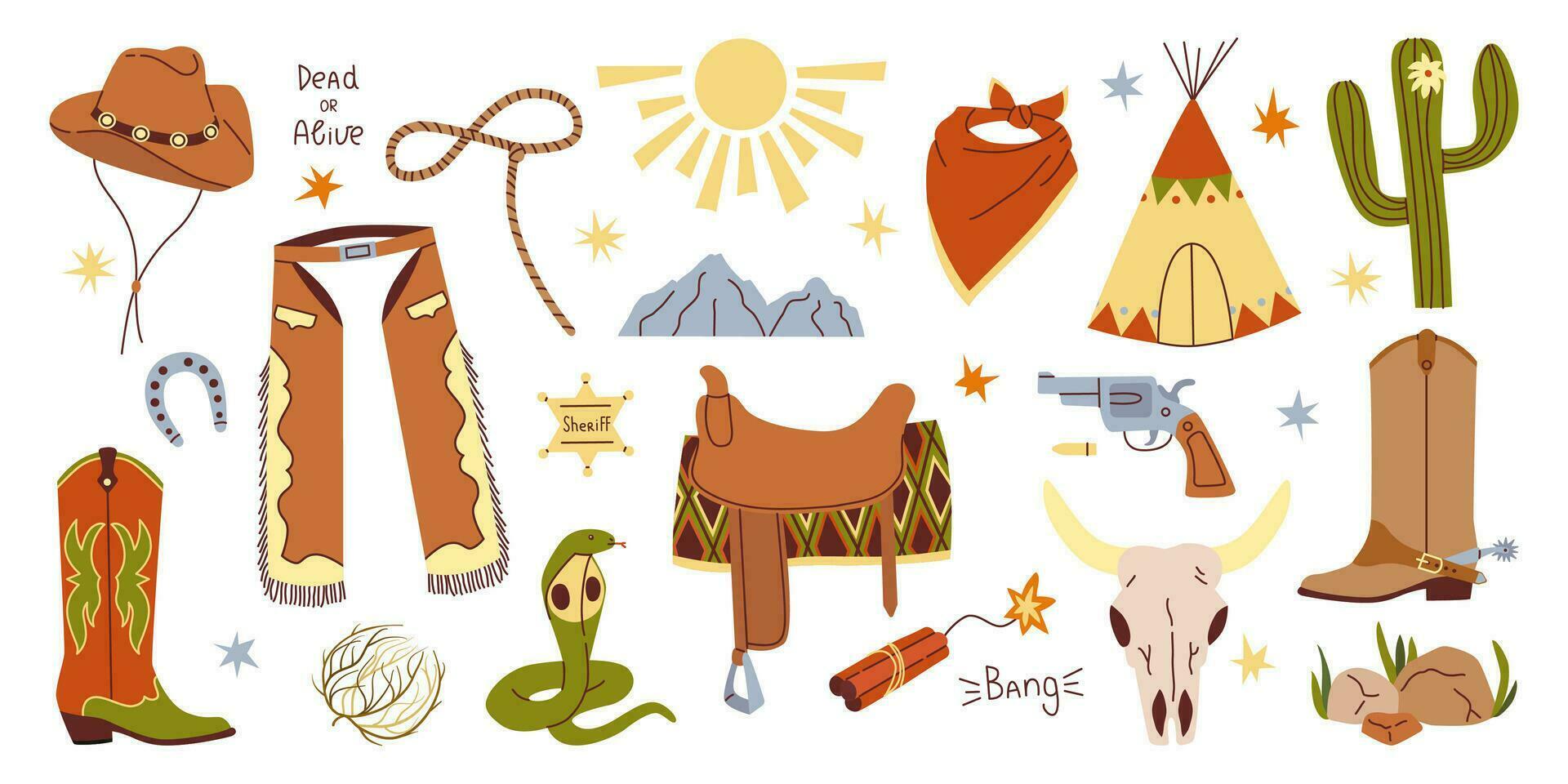 Set isolated design elements of wild west in flat vector style on white background. Cowboy hat boots chaps bandana handgun saddle lasso wigwam snake cow skull horseshoe dynamite