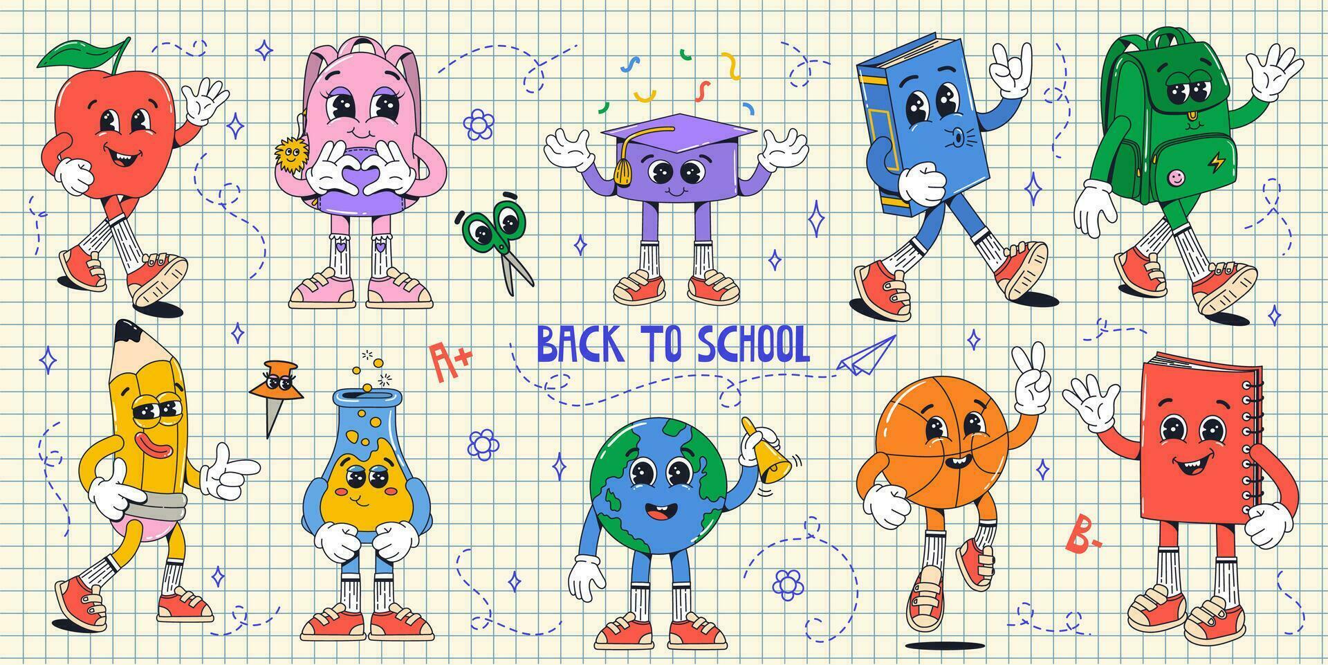Set isolated school supplies groovy characters in gloves on white background. Bagpack, book, ball, pencil, flask, globe, apple. Flat retro classic cartoon style. Back to school. vector