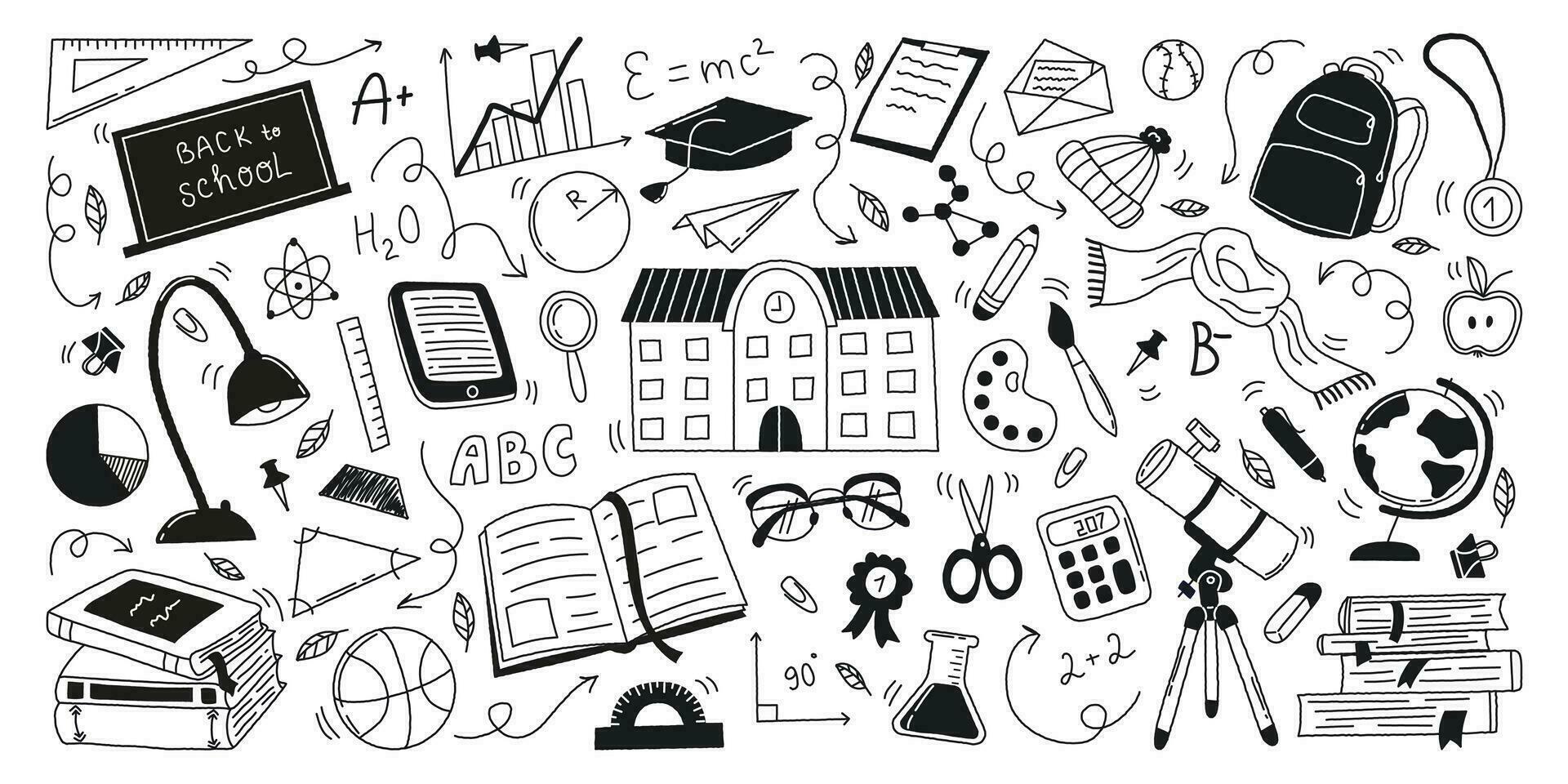 Back to school. Set hand drawn doodle supplies elements. Books, copybook, eyeglasses, lamp, school blackboard, telescope, globe, paints, e-book, diagrams. Flat vector illustration on white background