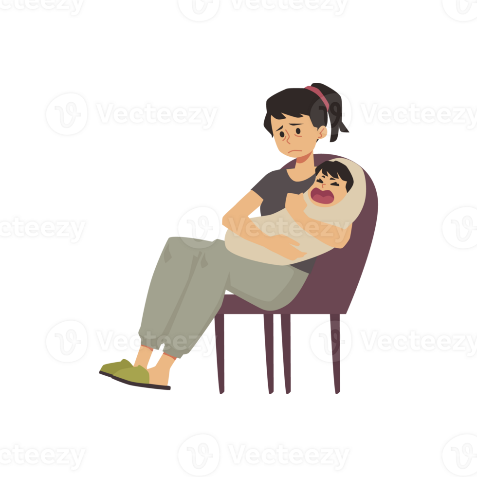 Tired frustrated mother in need of help, flat illustration isolated. png