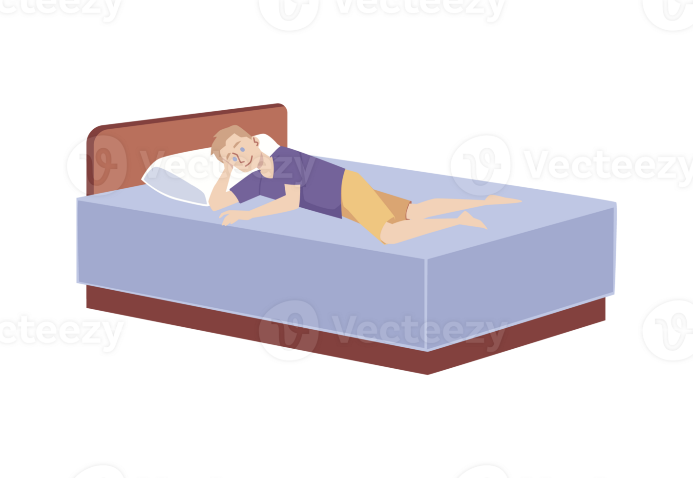 Man resting in bed during his day-off, flat illustration isolated. png