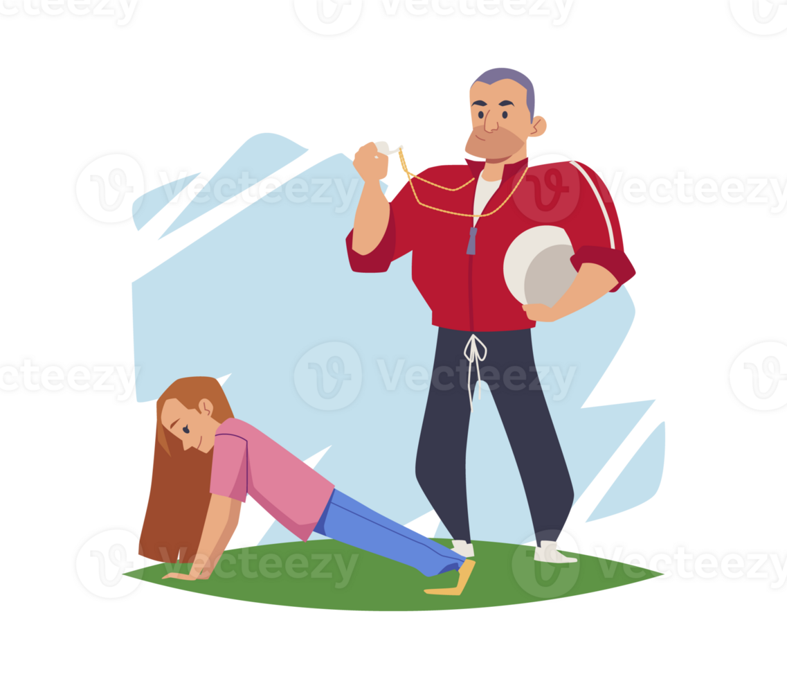 School girl doing sports under guidance of coach, vector illustration isolated. png