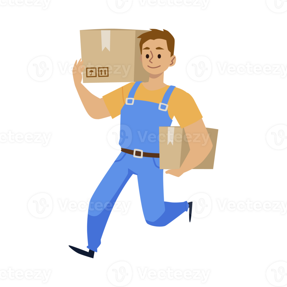 Moving delivery company employee with boxes flat vector illustration isolated. png