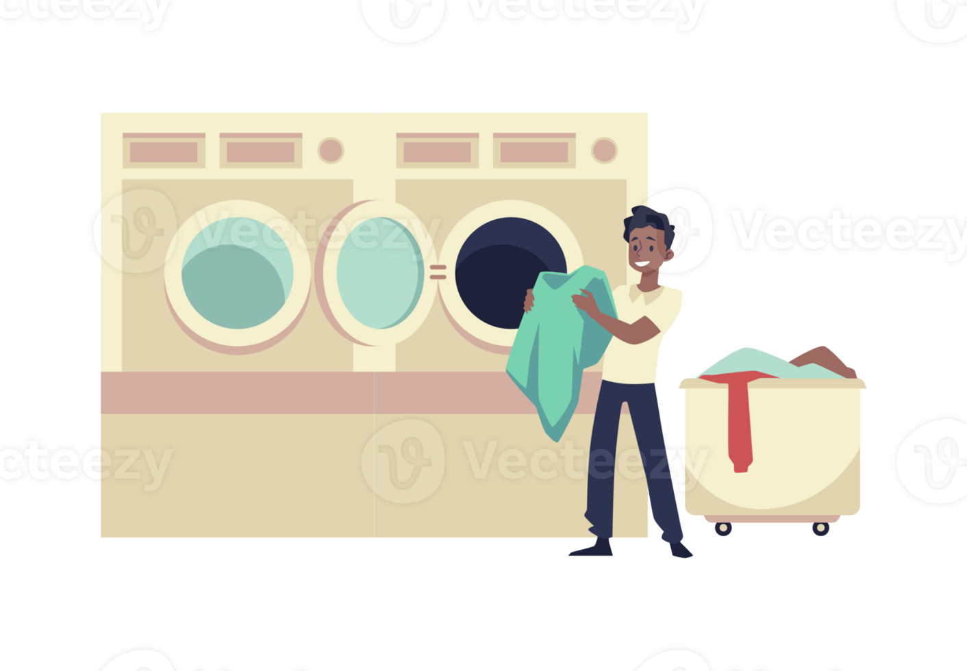 Happy man takes clothes out or loads washing machine in public laundry - flat illustration isolated . png
