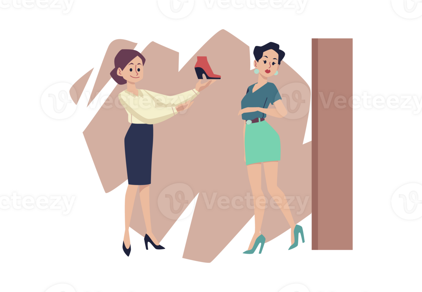 Woman in shoe store trying on heels with help of assistant - flat illustration isolated . png
