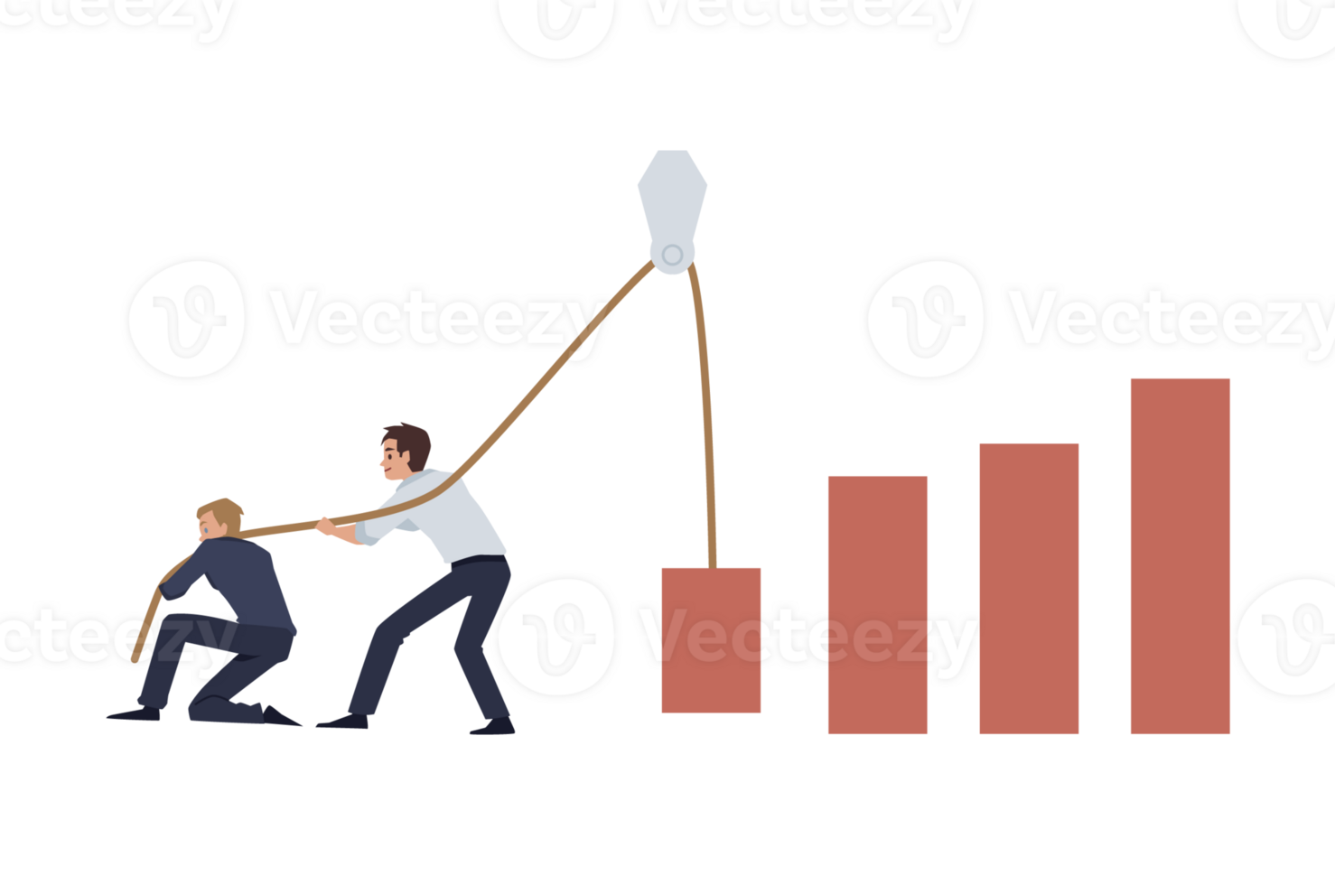 Two businessmen pull up sales chart vector concept. Profit raising concept of two white collars managers. png