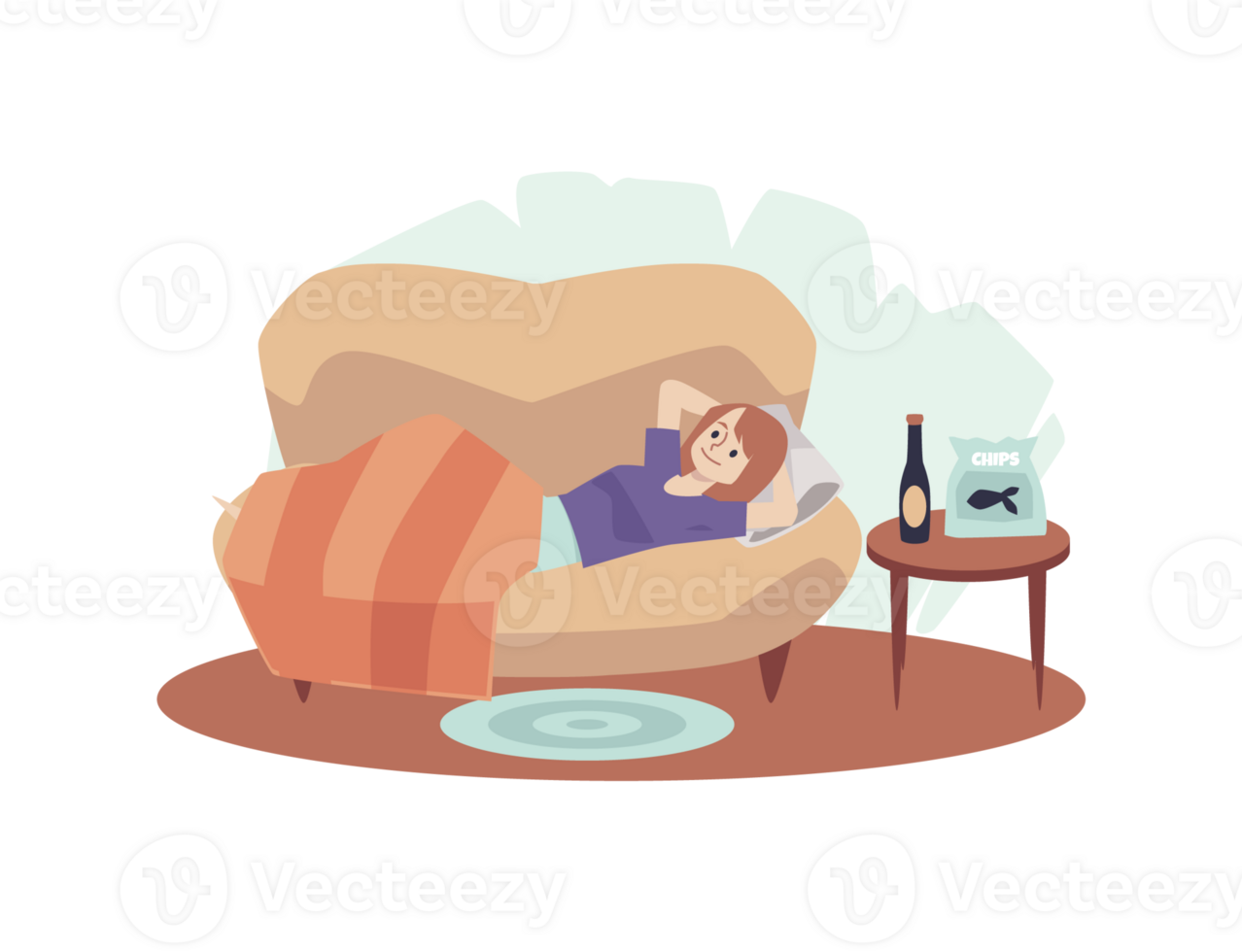 Woman relaxing on couch under blanket with wine and fish chips, flat vector illustration isolated on white background. png