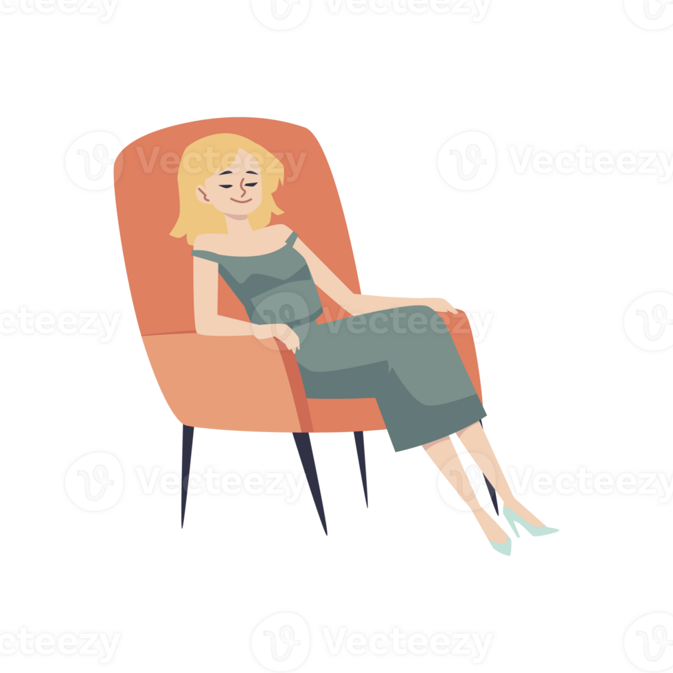 Relaxed woman sits or sleeps in armchair, flat illustration isolated . png