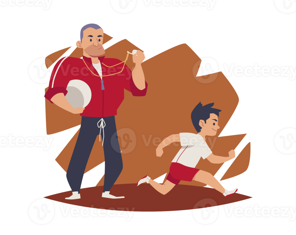 Sports school coach training child in running, flat vector illustration isolated. png