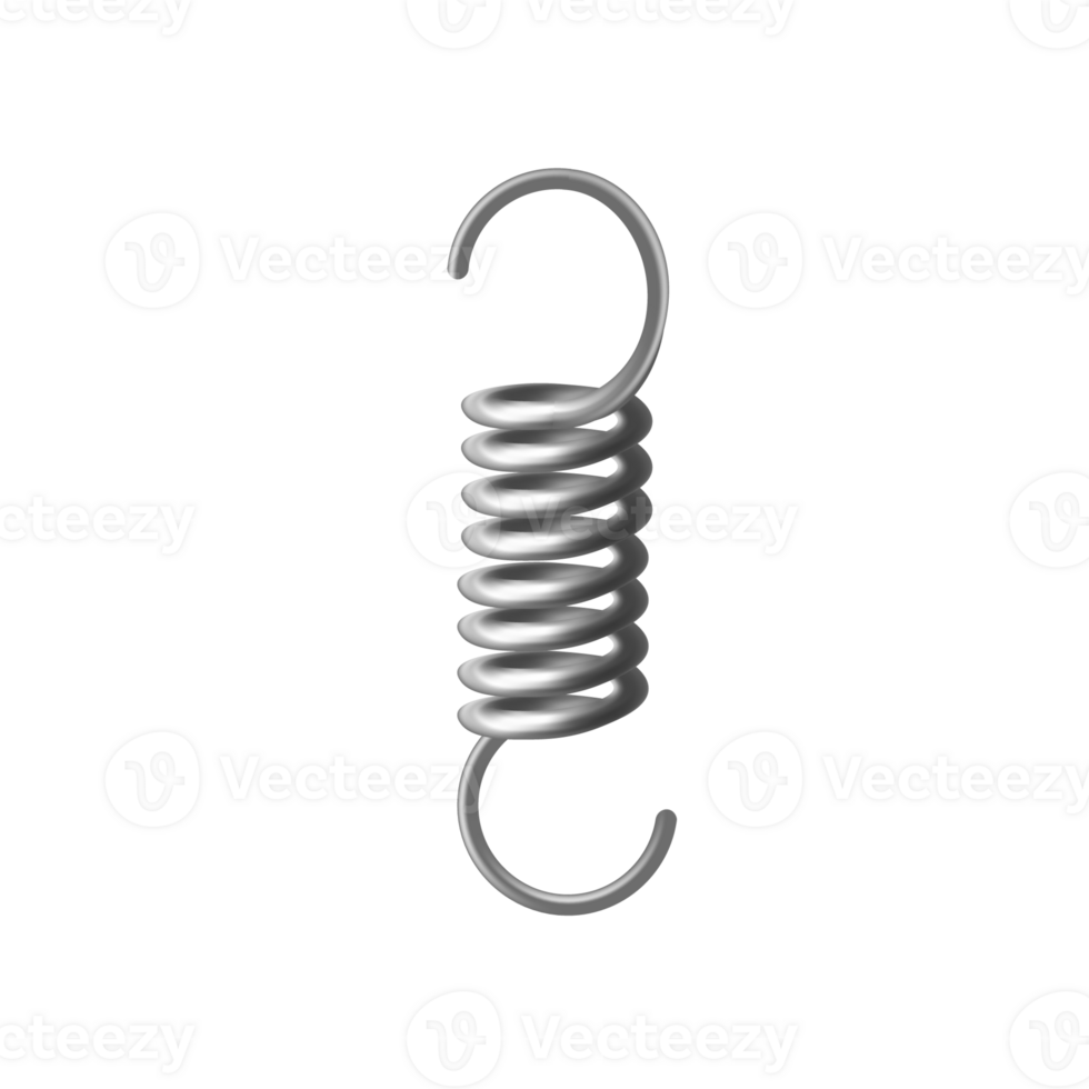 Spiral chrome or aluminium spring with hooks, 3d illustration isolated. png