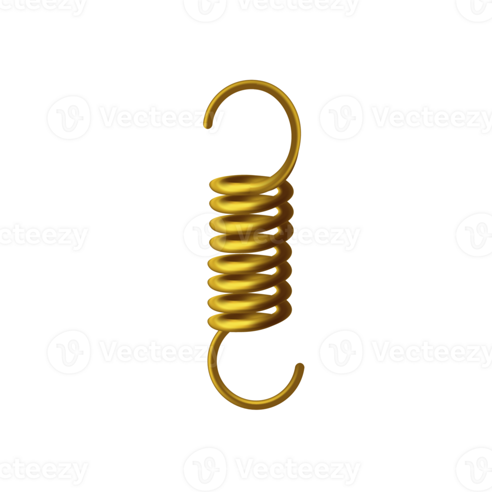 Helical extension golden spring, 3D model of machine detail. Tension metal spring with hooks at the ends. png