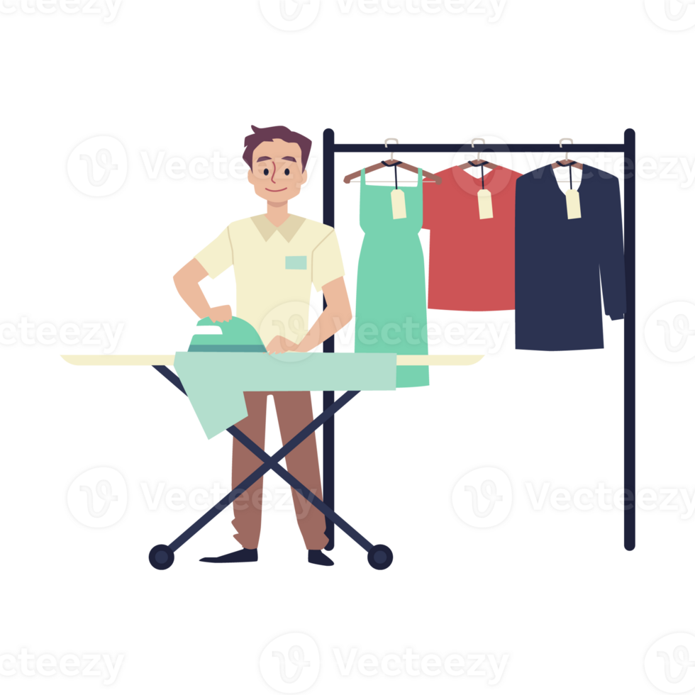 Laundry service male worker ironing clients clothes - flat illustration isolated . png