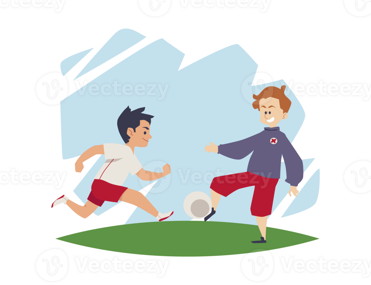 Group of boys playing football or soccer, flat vector illustration isolated. png