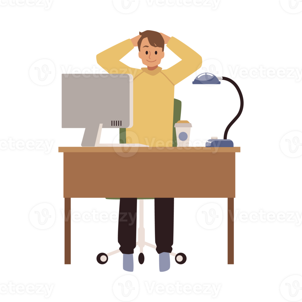 Office worker sits at desk with computer and stretches neck - flat illustration isolated . png