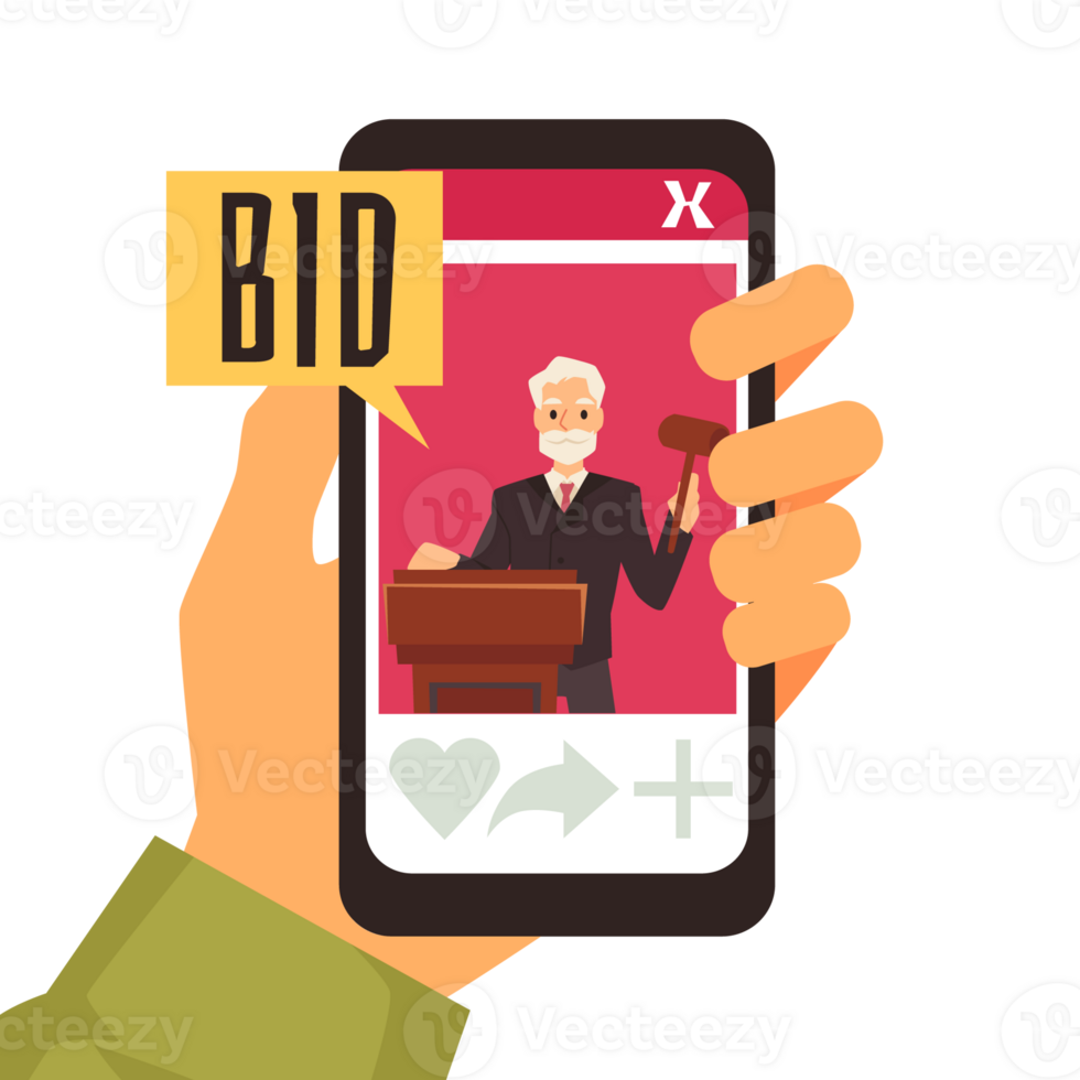 Hand holding smart phone with online auction app on it vector concept. png