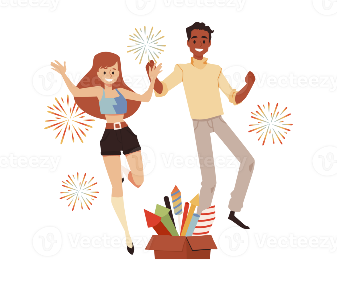 Joyful couple celebrating New Year or Birthday party, flat vector illustration. png