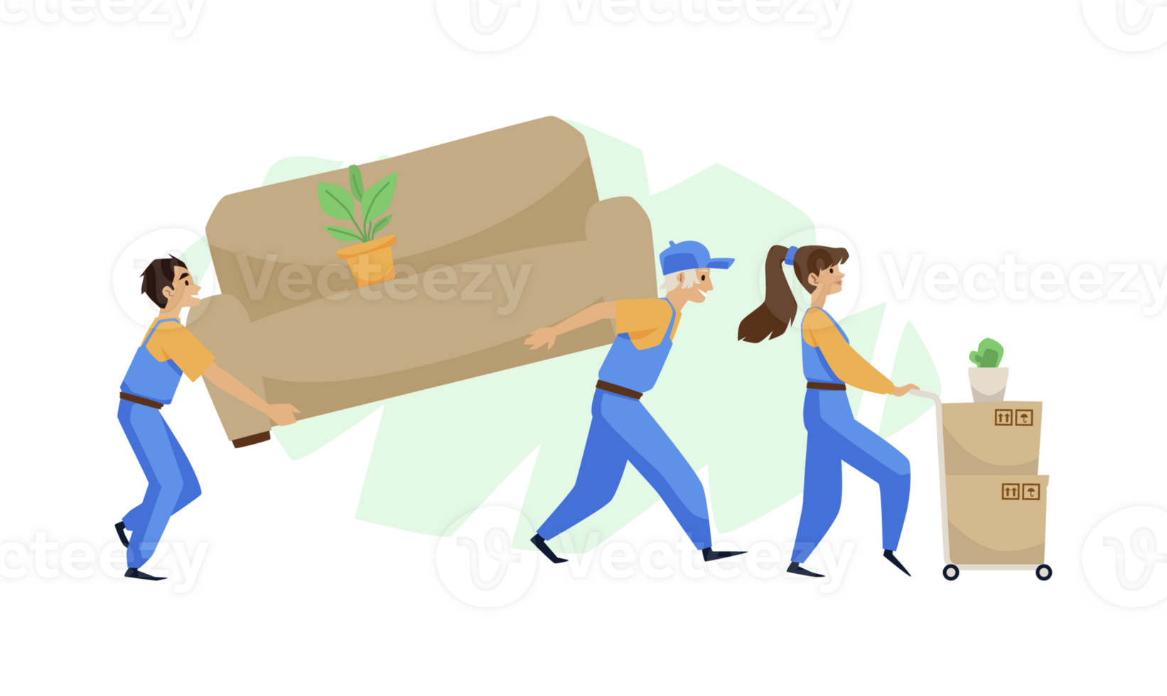 Moving and delivery company workers, flat vector illustration isolated. png