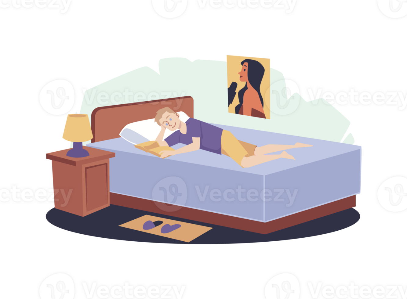 joven hombre leyendo un libro acostado en cama a acogedor hogar dibujos animados vector ilustración png