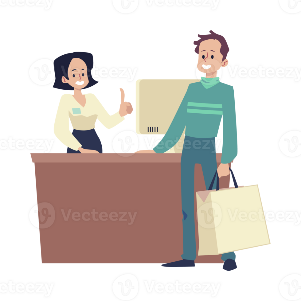 Store cashier at cash register and buyer, flat illustration isolated. png