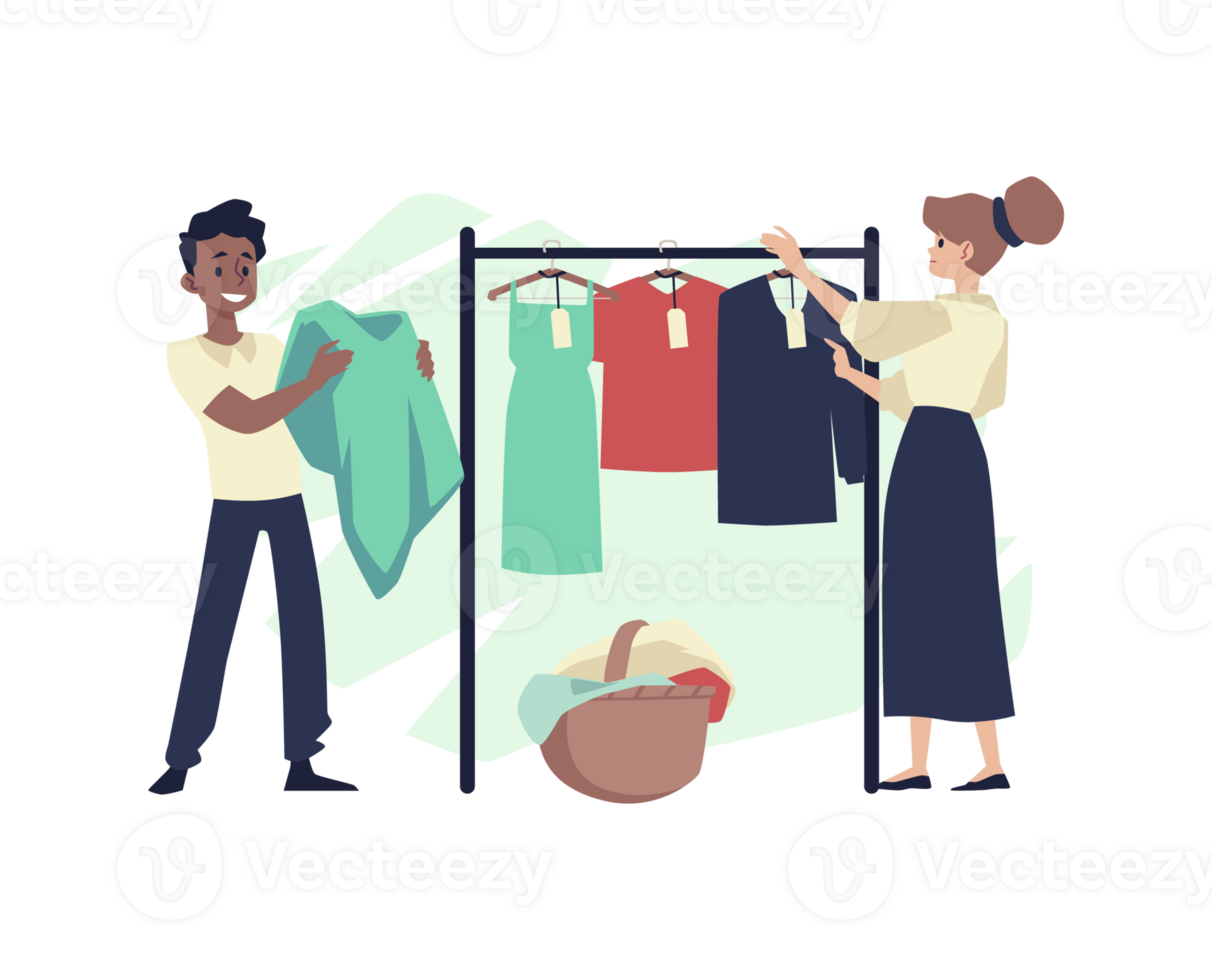 People in laundry hangs clothing after washing flat illustration isolated. png