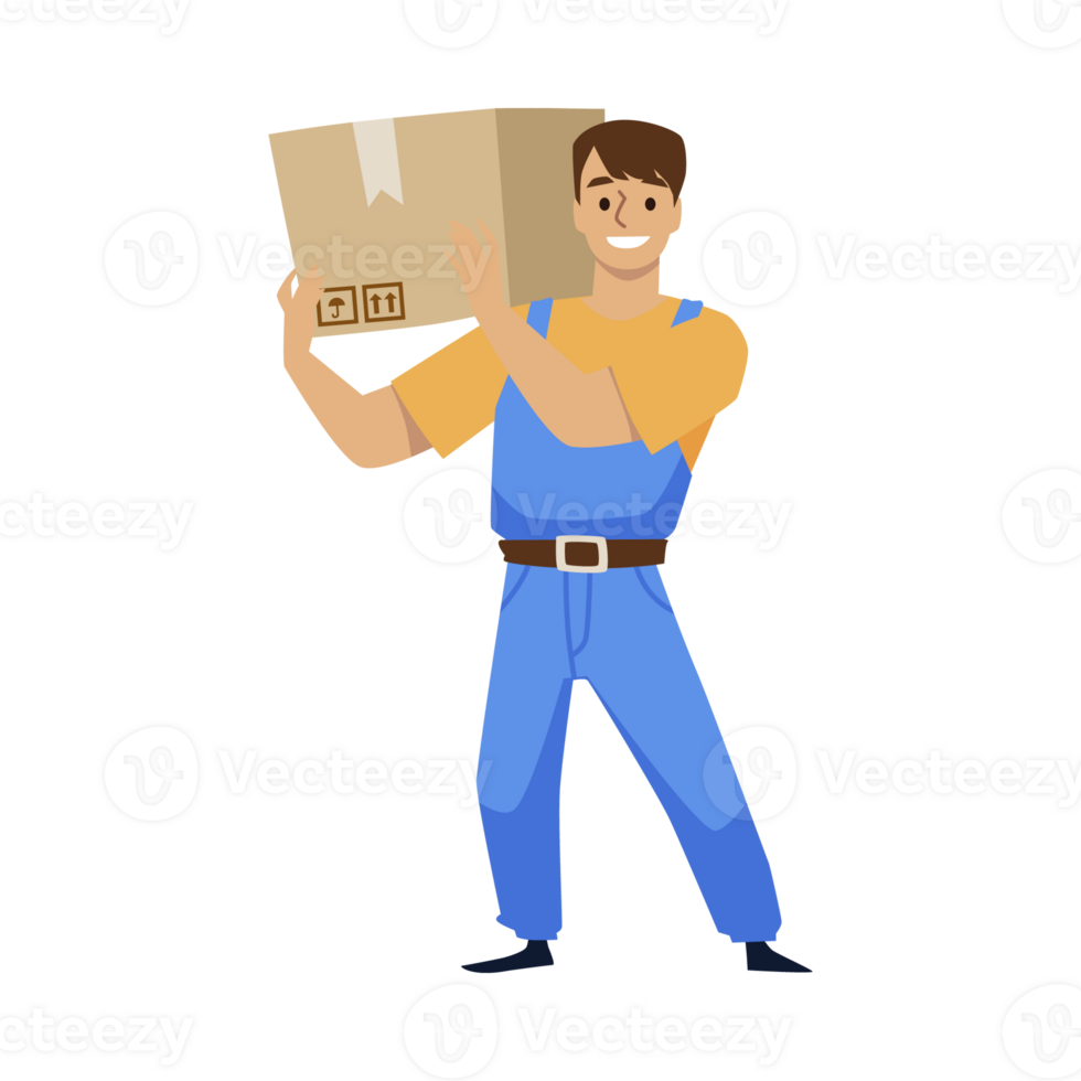 Smiling mover hold carton box on his shoulder. Warehouse worker deliver package cargo, cartoon vector illustration. png