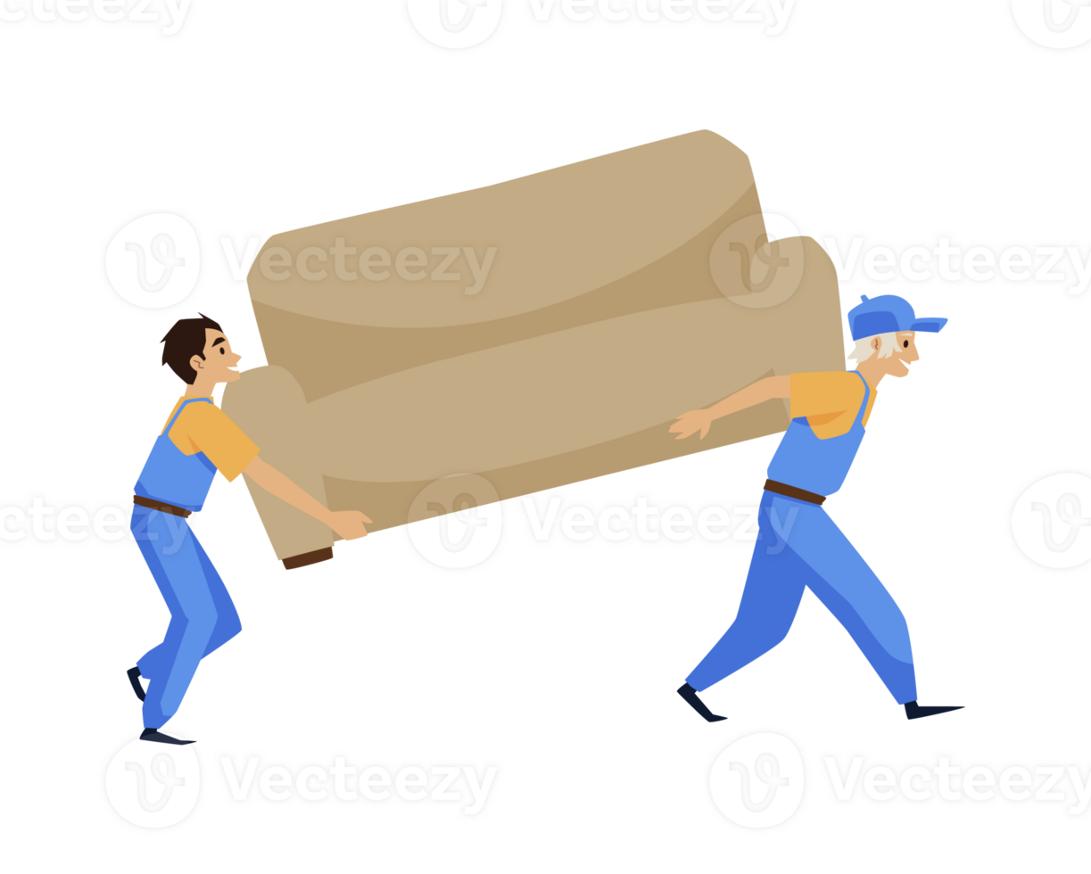 Two men carry sofa during relocation. Two porters, who works at move company, unloading couch furniture. png