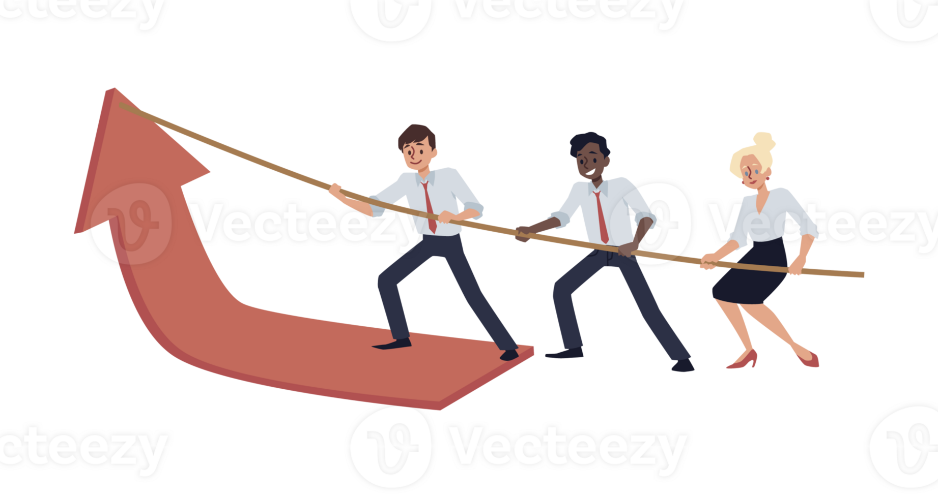 Teamwork pulling up red arrow raising profit cartoon vector concept. png