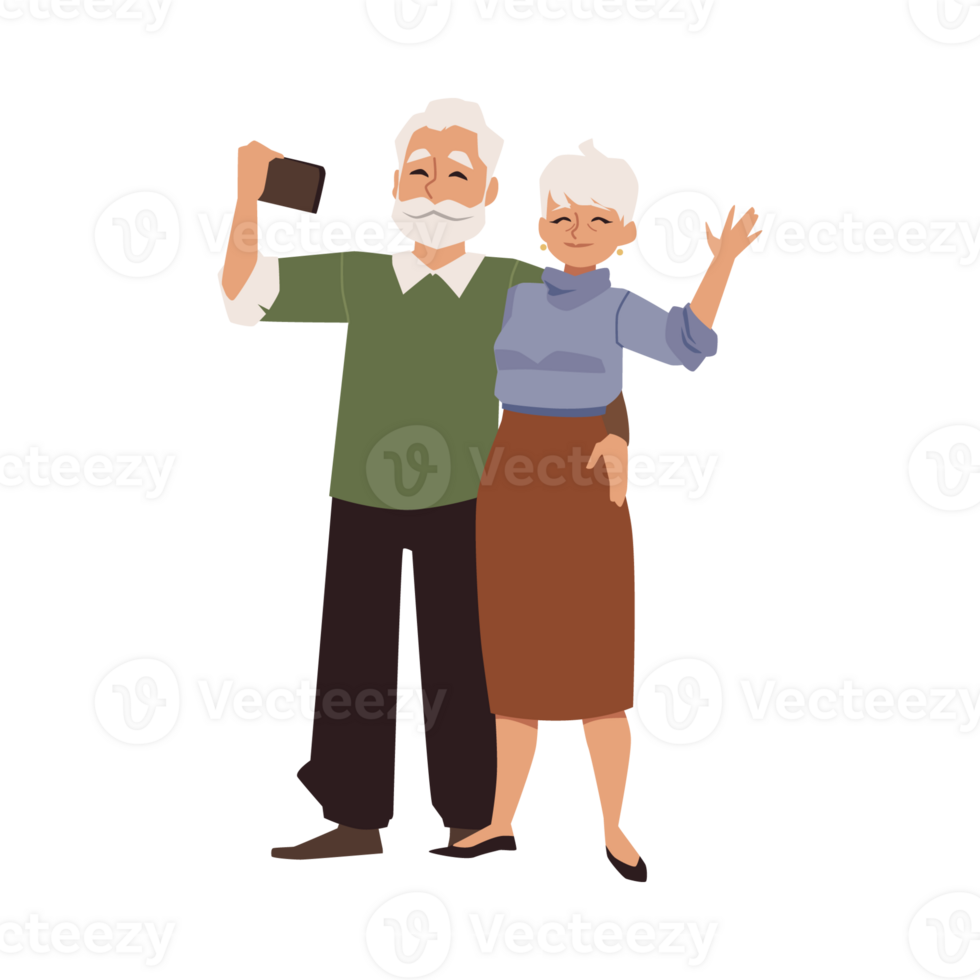 Senior couple taking selfie with smartphone flat illustration isolated. png