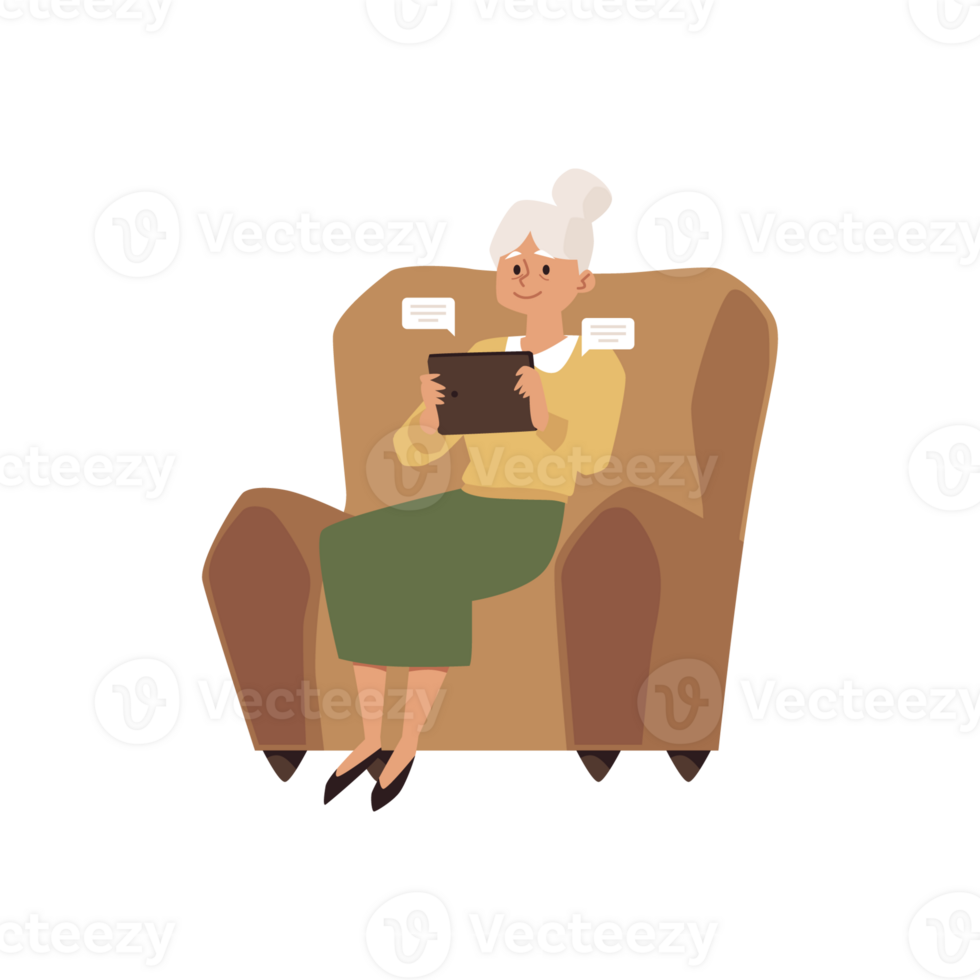 Elderly woman sitting at chair using tablet, flat illustration. png