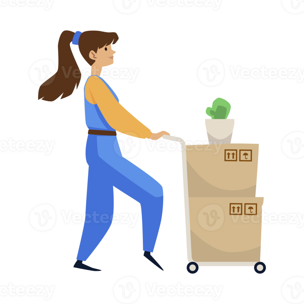 lager kvinna arbetstagare i blå enhetlig leverera förpackade kartong lådor på de på hjul vagn png