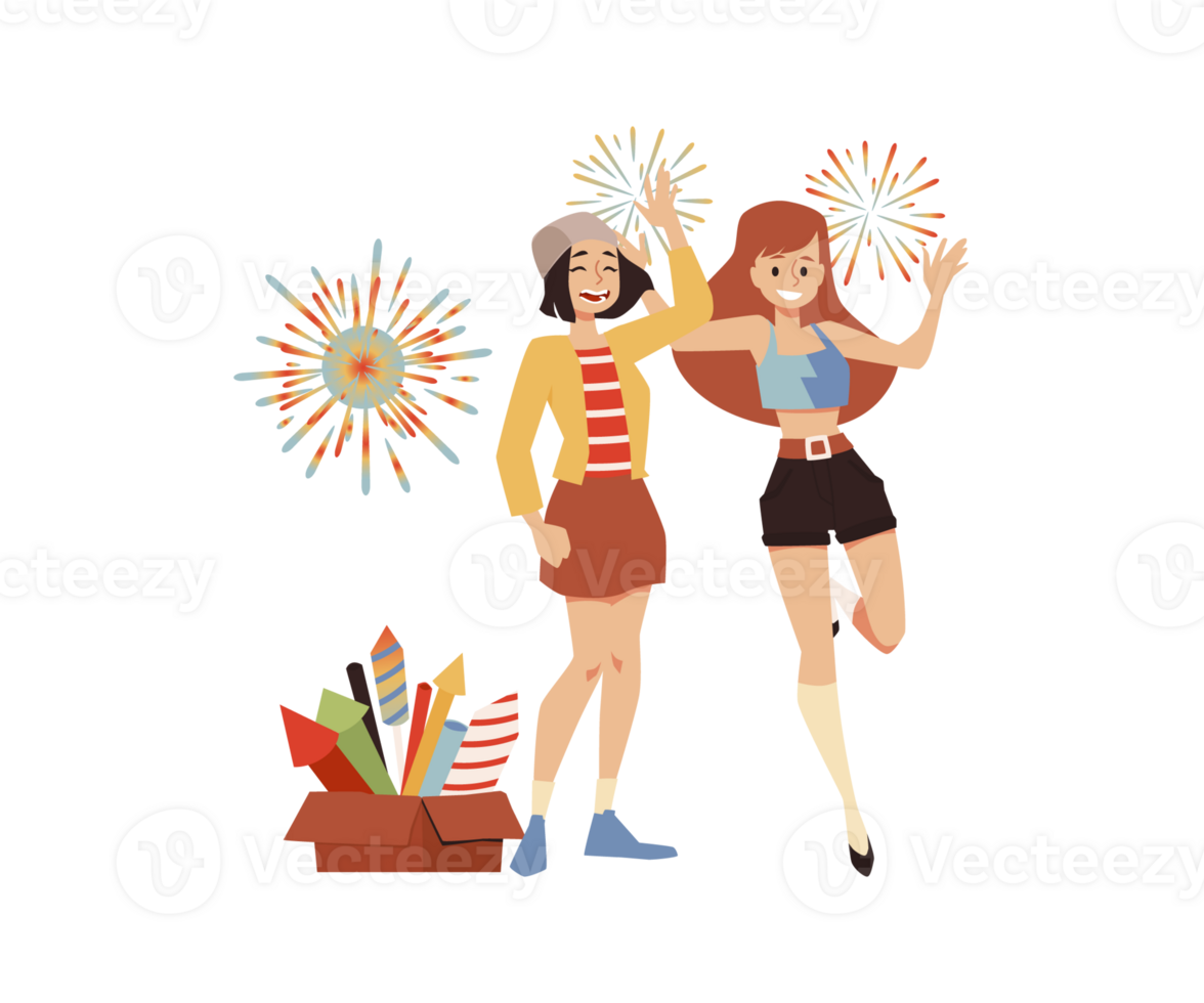 giovane ragazze godere fuochi d'artificio piatto illustrazione isolato png