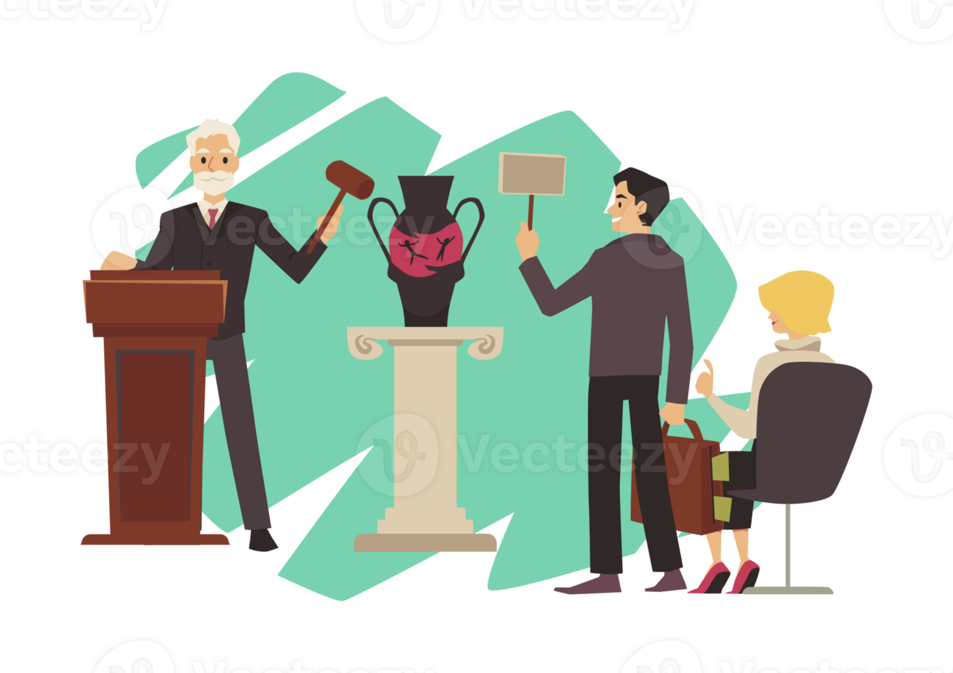 Auction with people suggesting bids for antique vase, flat vector isolated. png