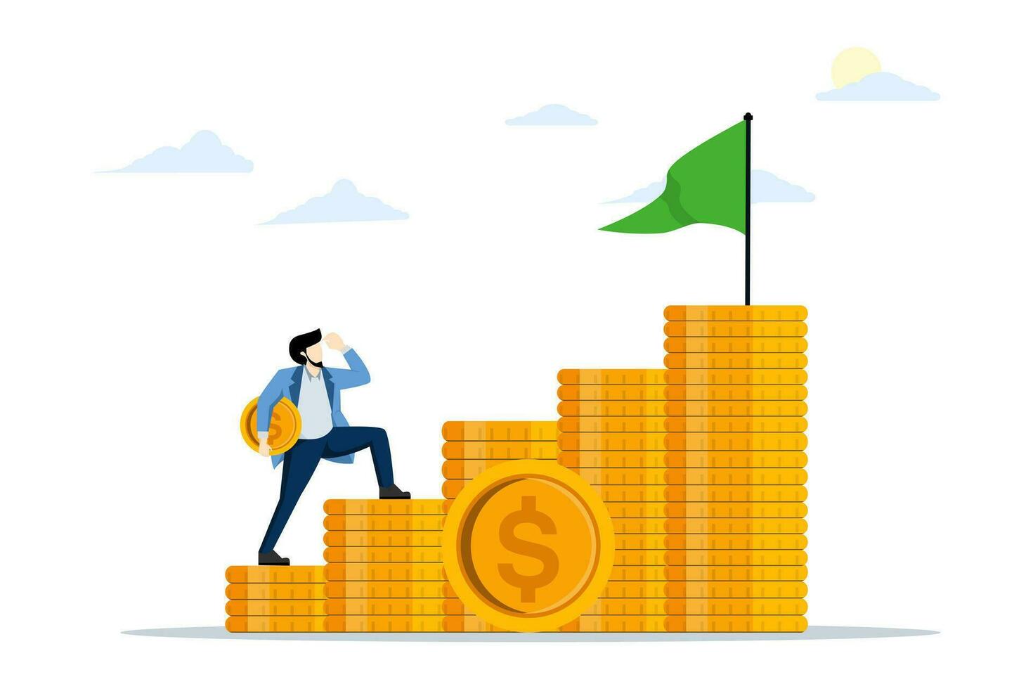 The concept of start investing in the stock market, start saving to achieve financial goals, the power of compound interest, accumulating wealth, men carrying coins start stepping on piles of money. vector